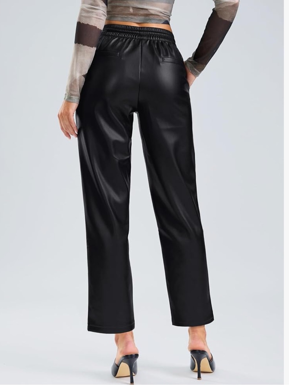 Faux Leather Cropped Ankle Durable Adjustable Drawstring Straight Leg Pants - Picture 3 of 7